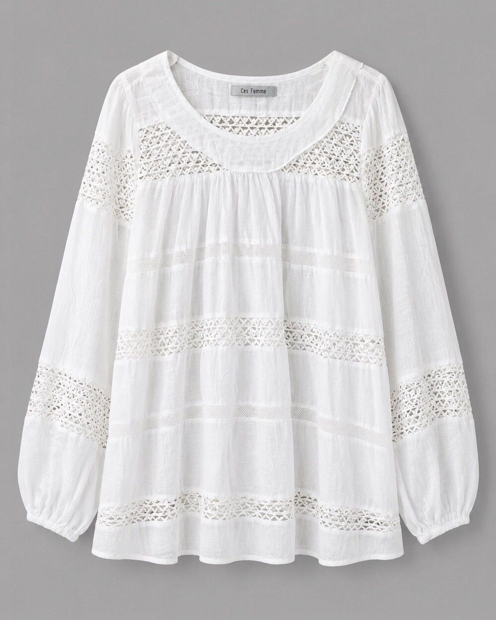 Ces Femme Shirt Womens Small White Lace Boho Peasant Long Sleeve Top Blouse